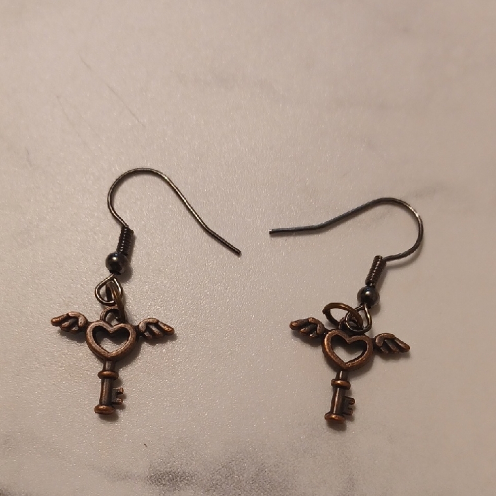 4/$40 New Bronze Heart Key With Wings Pair of Earrings - Hand-Made (Assembled)